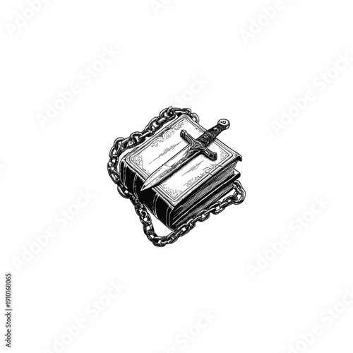 Vintage engraving style illustration of an ancient ornate book wrapped in heavy metal chains with a classic dagger or short sword resting on top