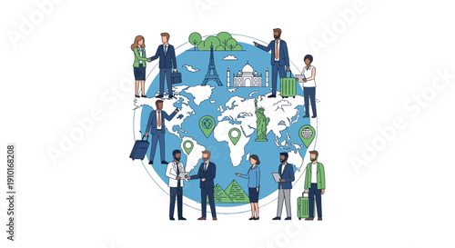 Illustration of a diverse group of people standing on a globe, symbolizing global tourism resilience and travel comeback with icons of transportation and landmarks.