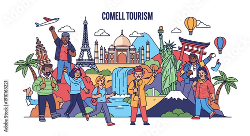 Illustration of people from diverse backgrounds enjoying travel and tourism around iconic landmarks on Global Tourism Resilience Day, symbolizing a comeback in the industry with a sense of