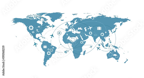 Illustration of a blue globe with various travel-related icons, symbolizing global tourism resilience and comeback on a white background.