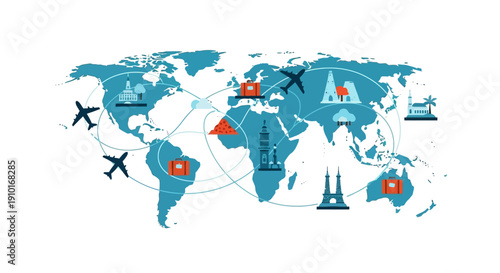 Illustration of a global tourism resilience concept with a blue map, icons of landmarks, and travel symbols, conveying a comeback in tourism.