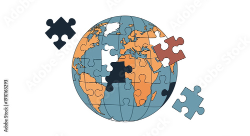 Illustration of a globe with puzzle pieces coming together, symbolizing global tourism resilience and comeback, with a vector icon style on a clean white background.