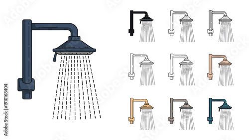 Modern shower head spraying water with multiple colorful variations for bathroom design and plumbing equipment catalogs.