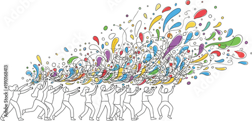 Diverse group of people working together to release a vibrant explosion of creative energy and colorful abstract ideas upwards into space