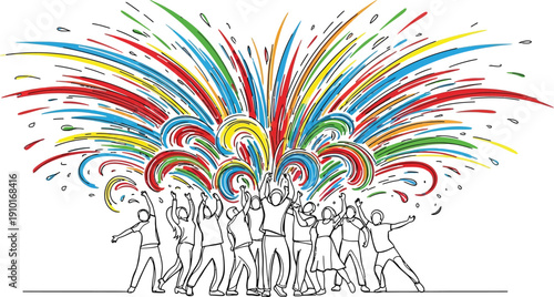 Diverse group of happy people celebrating enthusiastically beneath a vibrant explosion of colorful abstract celebratory lines and splashes