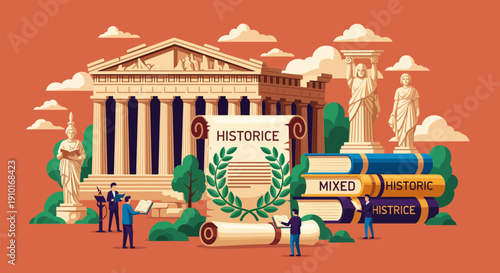 Ancient Greek Historical Architecture with Statues and Scrolls.