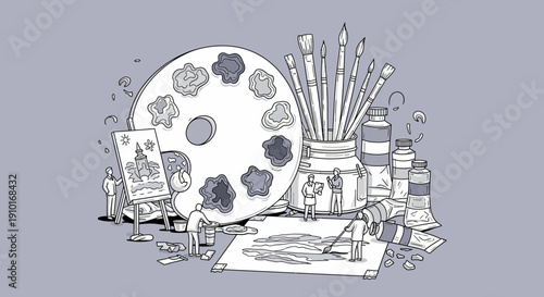 Art Supplies Including Paint Brushes Palette and Canvas.