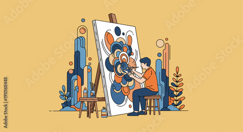 Artist Painting Abstract Art on Large Canvas.