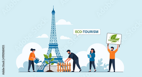 Illustration of people engaging in eco-tourism activities with the Eiffel Tower in the background, promoting global tourism resilience and a happy comeback.