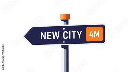 Directional road sign pointing towards New City at a distance of four miles with a dark blue and orange color scheme.