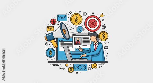 Businessman Working on Laptop with Marketing Icons.