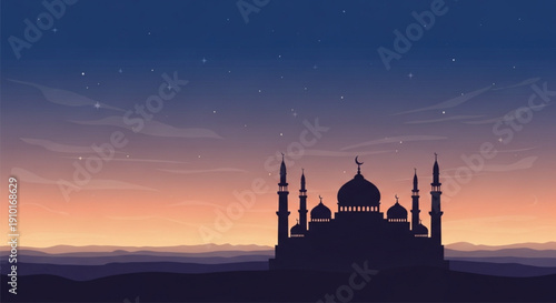 Silhouette Mosque Landscape at Twilight