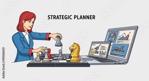 Businesswoman Strategically Playing Chess With Laptop.