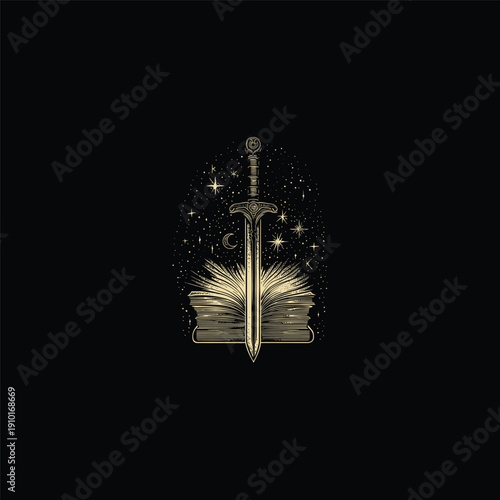 Vintage engraving style illustration set of two open ancient books with a majestic sword or dagger standing upright between the pages, featuring radiant energy sparks and intricate hatching