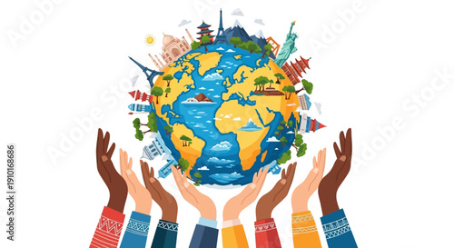 Illustration of diverse hands holding a globe with landmarks and icons, symbolizing Global Tourism Resilience Day and travel comeback concept.