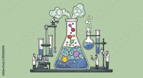 Cartoon Scientists Conducting Experiments with Laboratory Glassware.