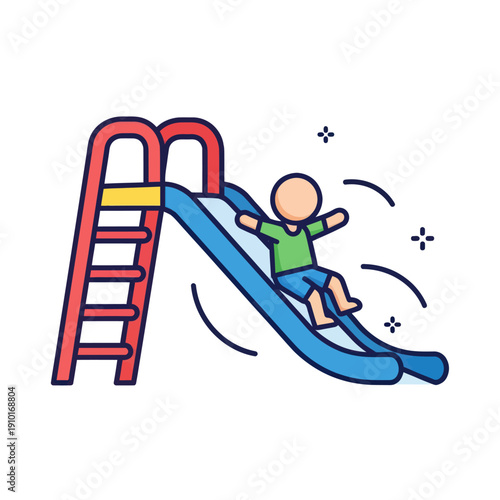 Happy child sliding down colorful playground slide icon illustration