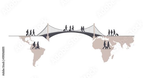 Illustration of a suspension bridge connecting the Americas and Africa over a globe, symbolizing global tourism resilience and travel comeback with people walking on it.