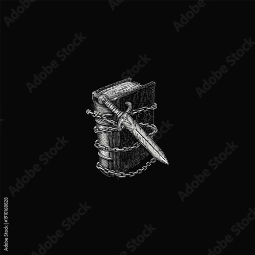 Vintage engraving style illustration of an ancient thick book wrapped in heavy iron chains with a classic dagger or short sword stuck through the bindings