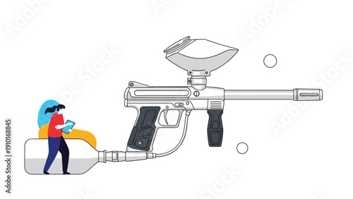 Creative illustration of a professional paintball gun alongside a miniature figure inside a paint bottle for extreme sports.