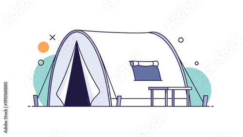 Large blue and white camping tent with an entrance opening and a small table set against a background of abstract shapes.