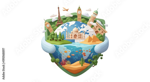 Illustration of a globe with landmarks and a shield-like border, symbolizing global tourism resilience and comeback, with a colorful and iconic representation of travel and safety.