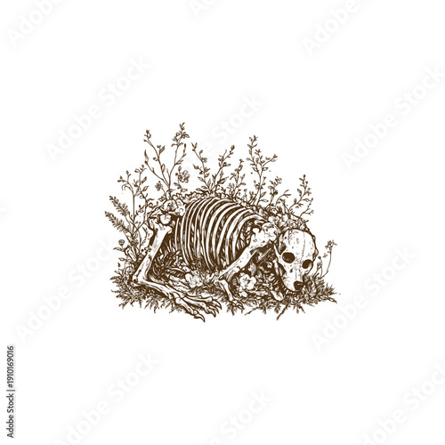 Vintage engraving style illustration of a canine skeleton lying peacefully among a dense cluster of wildflowers and botanical plants