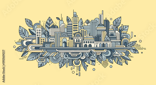 Illustration of futuristic cityscape with buildings and technology.