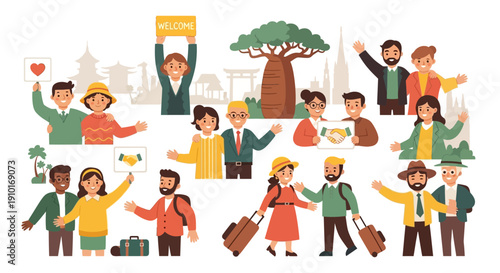 Illustration of diverse people with luggage and travel icons, symbolizing global tourism resilience and comeback, with a globe and landmarks in the background.
