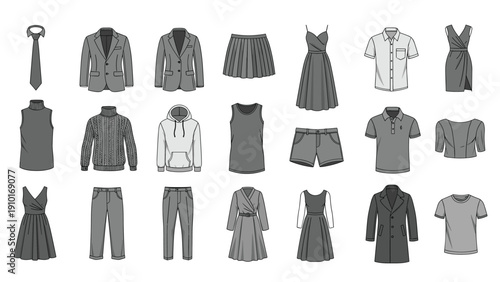 Large collection of various clothing items including shirts, dresses, pants, and coats in monochromatic grey shades.