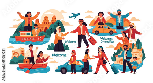 Illustration of people from different generations enjoying travel and transportation modes on Global Tourism Resilience Day, promoting a safe and happy comeback.