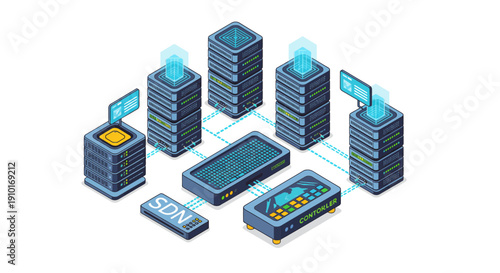 Isometric Digital Data Storage Server Network Illustration.