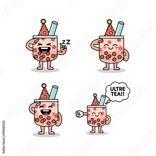 Boba tea character cartoon mascot having fun and relaxing with party hat