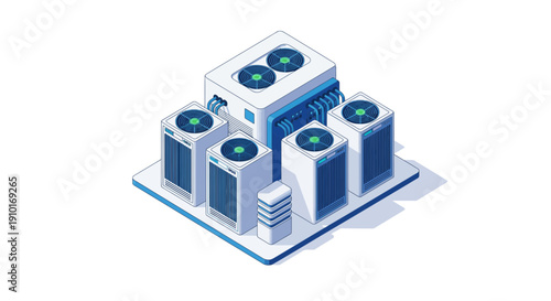 Isometric Illustration of Air Conditioning Units on Building Roof.