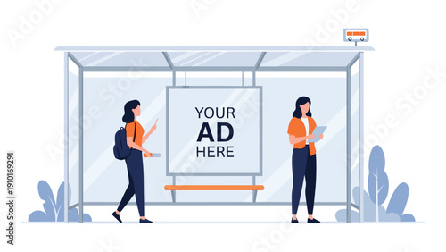 Two women waiting at a modern bus stop with a large blank advertising space for custom messages and promotional designs.