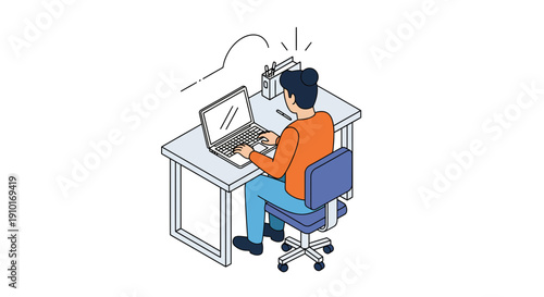 Man Wearing Virtual Reality Headset Using Laptop At Desk.