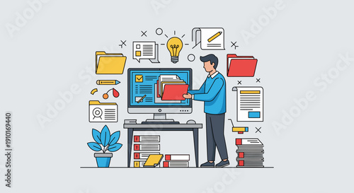 Man Working on Computer with Digital Icons Around.
