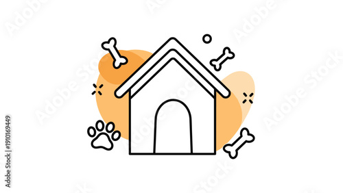 Simple outline of a dog house surrounded by bone shapes and a paw print against an abstract orange background.