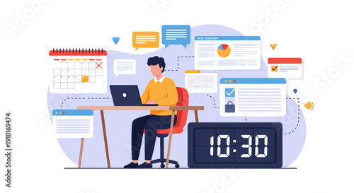 Man Working On Laptop At Desk With Digital Clock.