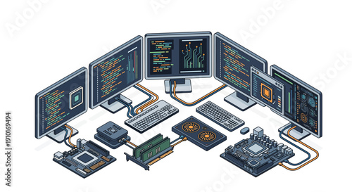 Modern Computer Workstation With Multiple Monitors And Electronic Components.