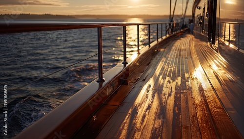 Sunlit yacht deck at sea, warm golden hour light reflecting on water