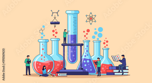 Scientists Working With Large Chemical Laboratory Glassware.