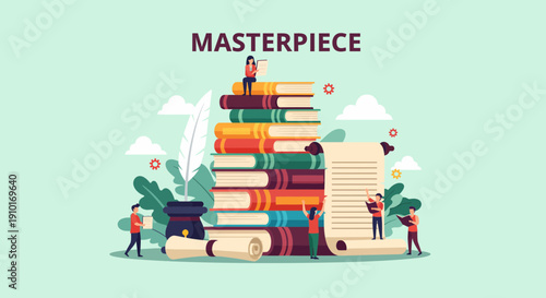 Stack of colorful books with tiny people reading.