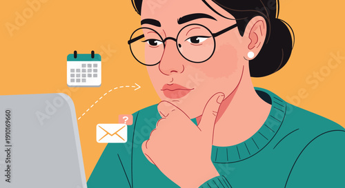 Thoughtful woman working on laptop with reminders.