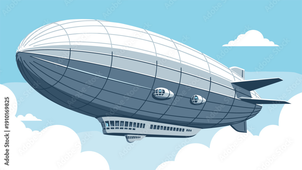 Naklejka premium Large silver zeppelin airship soaring through a blue sky with soft white clouds in a detailed flat illustration.