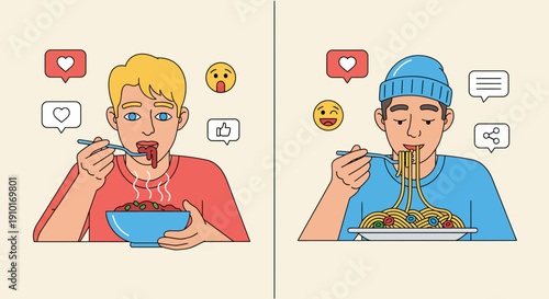 Two Men Eating Noodles with Social Media Reactions.