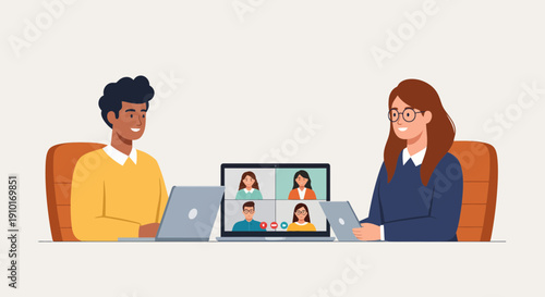 Two People Participating in Video Conference Meeting.