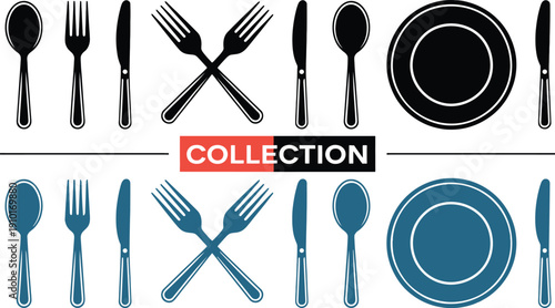 Black and blue cutlery and plate collection with text COLECTION silverware fork