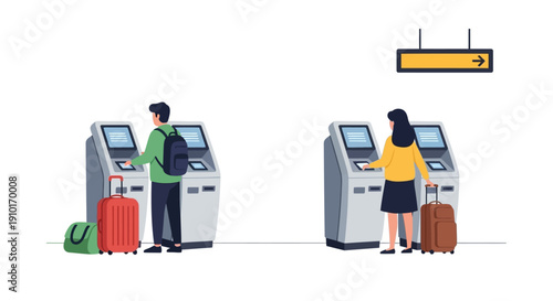 Illustration of a man and woman using airport check-in kiosks with luggage