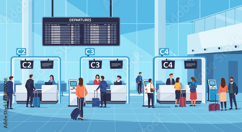 Illustration of people checking in at airport counters with flight information displays